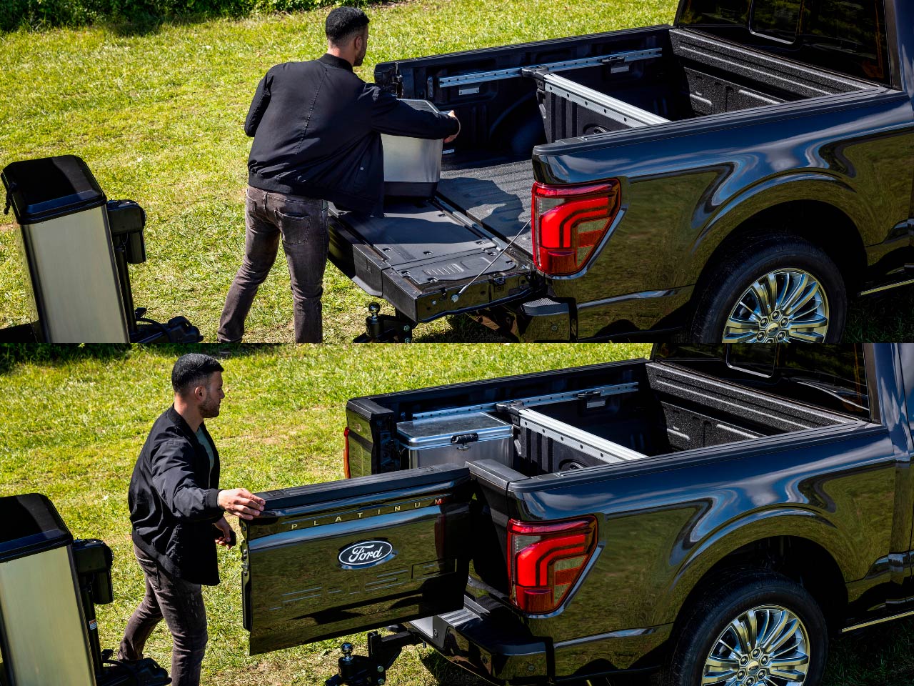 Homem abrindo a porta da caçamba da Ford F-150 2025